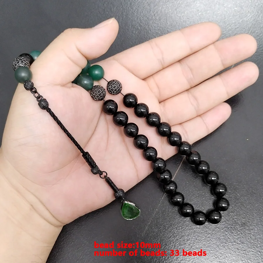 Tasbih Natural Black Agate with green agate stone Muslim misbaha 33 prayer beads Eid ADHA gift accessories turkish on hand
