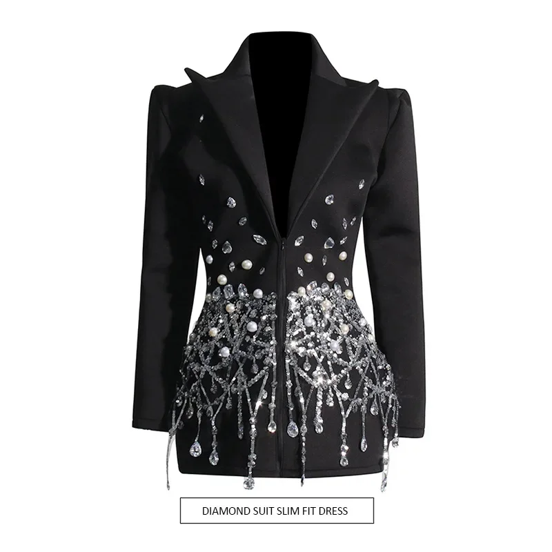 Sexy Socialite Style Skirt 2024 New Style Lapel Long Sleeve Butterfly Sequins Full Diamond Ultra-short Suit Dress for Women