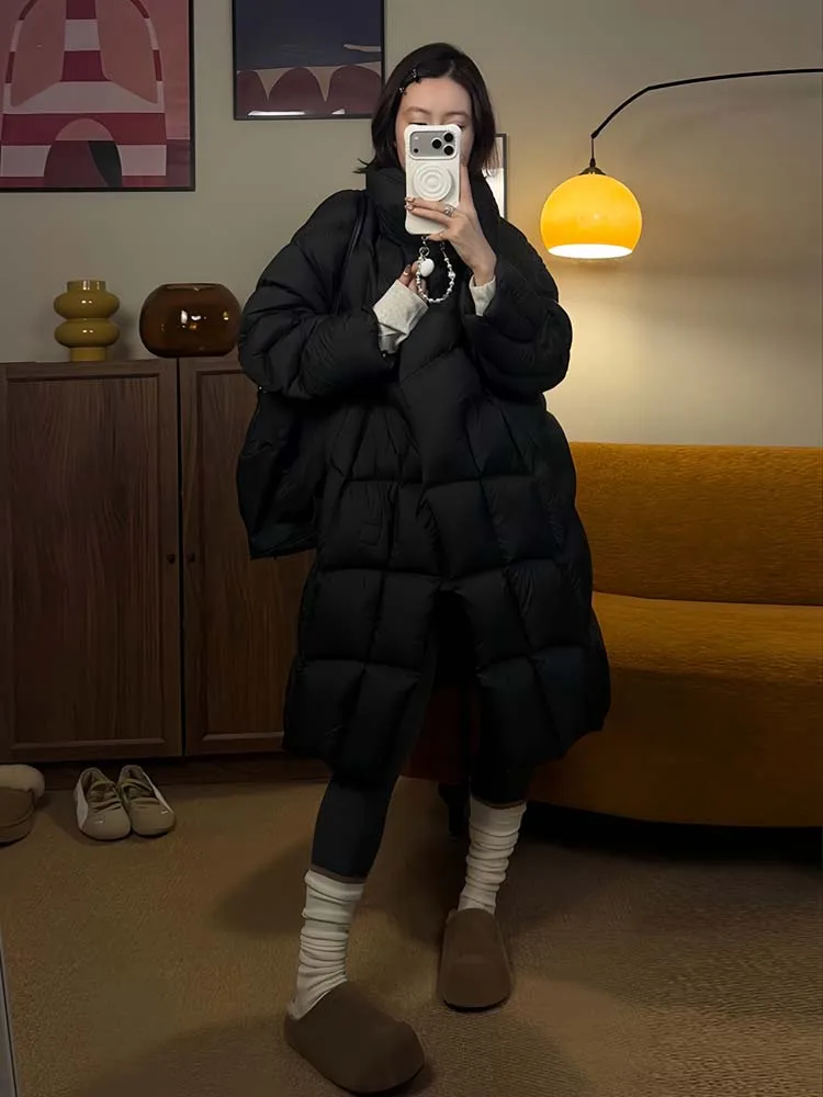 Oversize gola alta para baixo jaqueta para mulher 2026 preto longo puffer casaco grosso quente de alta qualidade outerwear bege INKEO DJ625