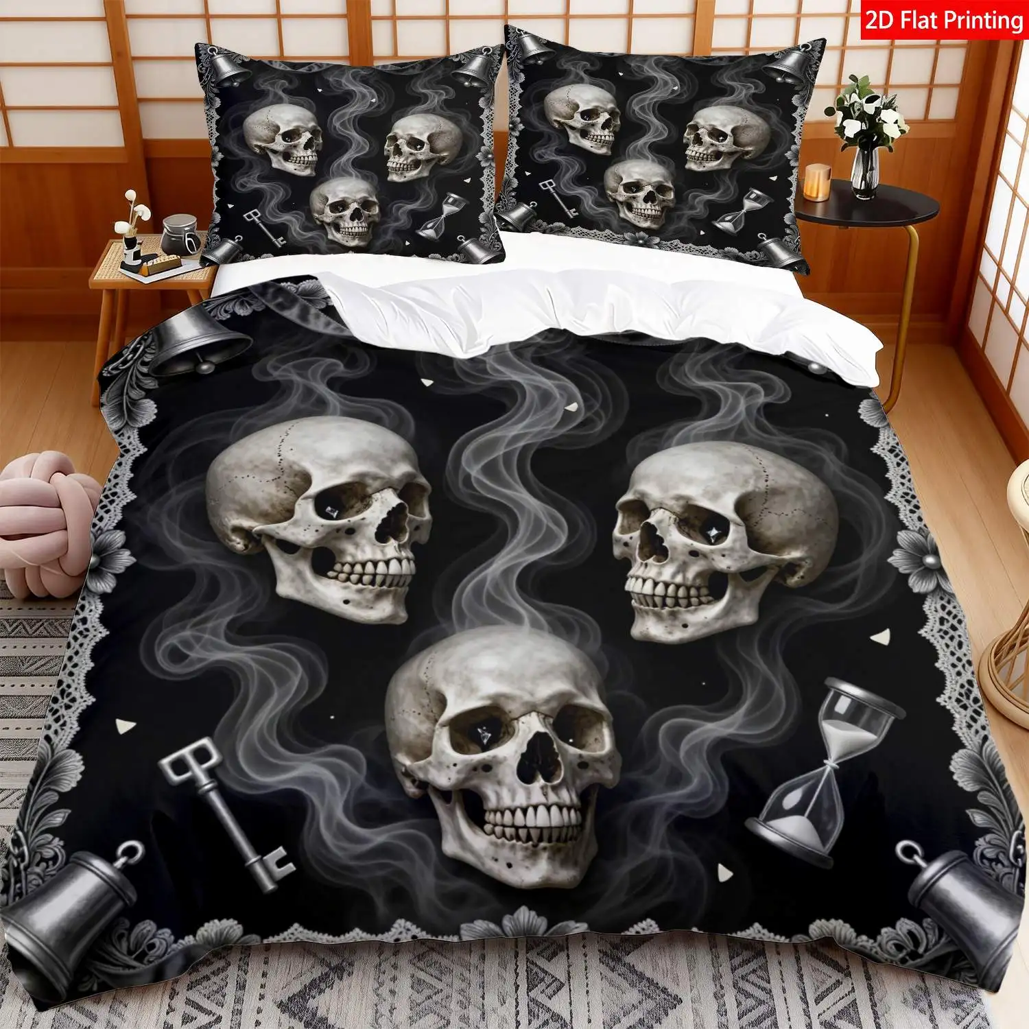Soft Duvet Cover Set, Printed Duvet Cover Set, Gothic Halloween Bedding with Flat Print, Black Skull Design, Suitable for All Seasons, Machine Washable, Invisible Zipper, Large Duvet Cover Set, Bedding Set, Quilt Cover