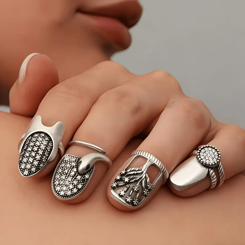 4 Pack Retro Adjustable Fingertip Nail Ring Set Elegant Open Metal Nail Jewelry Women Daily Party Valentine Gift All Year Access