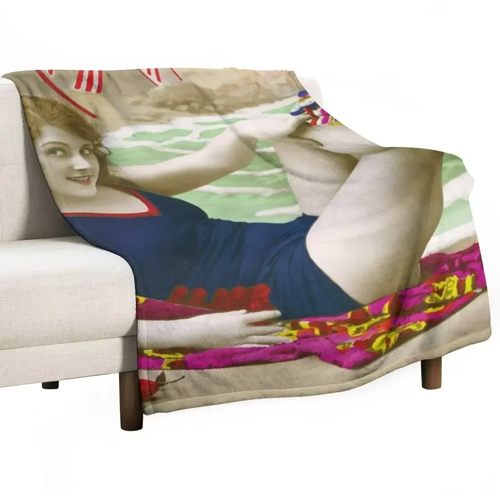 Attractive woman from the 20s on the beach Throw Blanket Multi-Purpose Plaid Beach Blankets