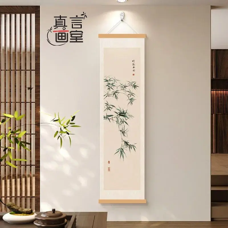 Wall Art Peaceful Bamboo Grove Pearlescent Canvas Hanging Scroll with Wooden Rods for Entryway Hallway and Tea Room