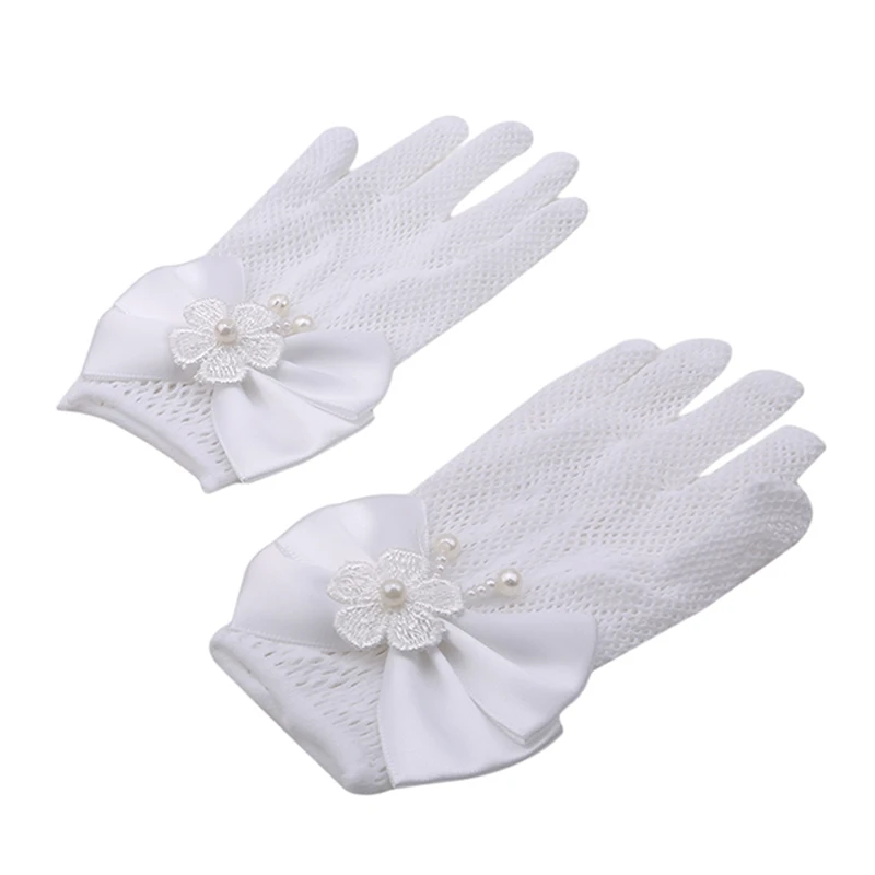 1 Pair Girls Kids White Lace Faux Pearl Fishnet Gloves Communion Flower Girl Bride Party Ceremony Accessories