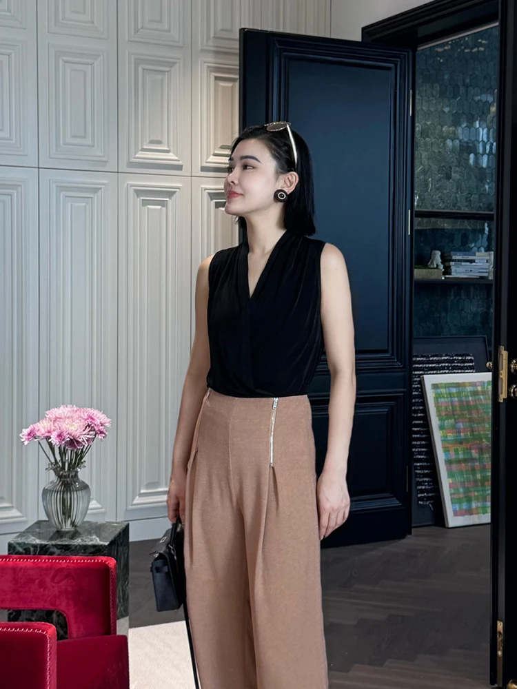 

Летний вязаный жилет Yuan Ling из ацетата для женщин, черный, с V-образным вырезом, повседневный, элегантный, качественный, для работы, стандартной длины