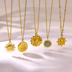 Gold Plated Stainless Steel Sun Pendant Necklace for Women Heart Flower Collar Necklaces Waterproof Jewelry Gift 2024 New Trendy