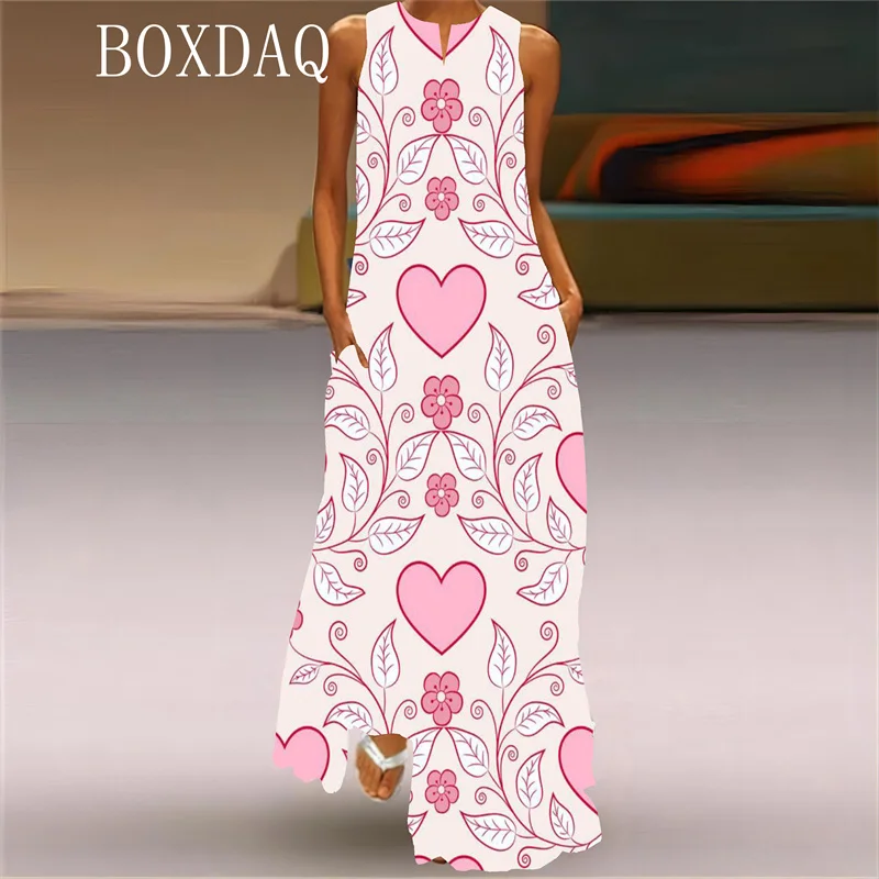 2025 Spring Summer New Long Dress For Womens 3D Love Heart Pattern Print Dress Valentine\'s Day Style Party Sleeveless Maxi Dress