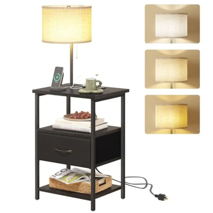 

Nightstand with LED Lights Bedside Table with 3 Color Temperatures Bulb NightStand with Charging Station End Table with Adjusta