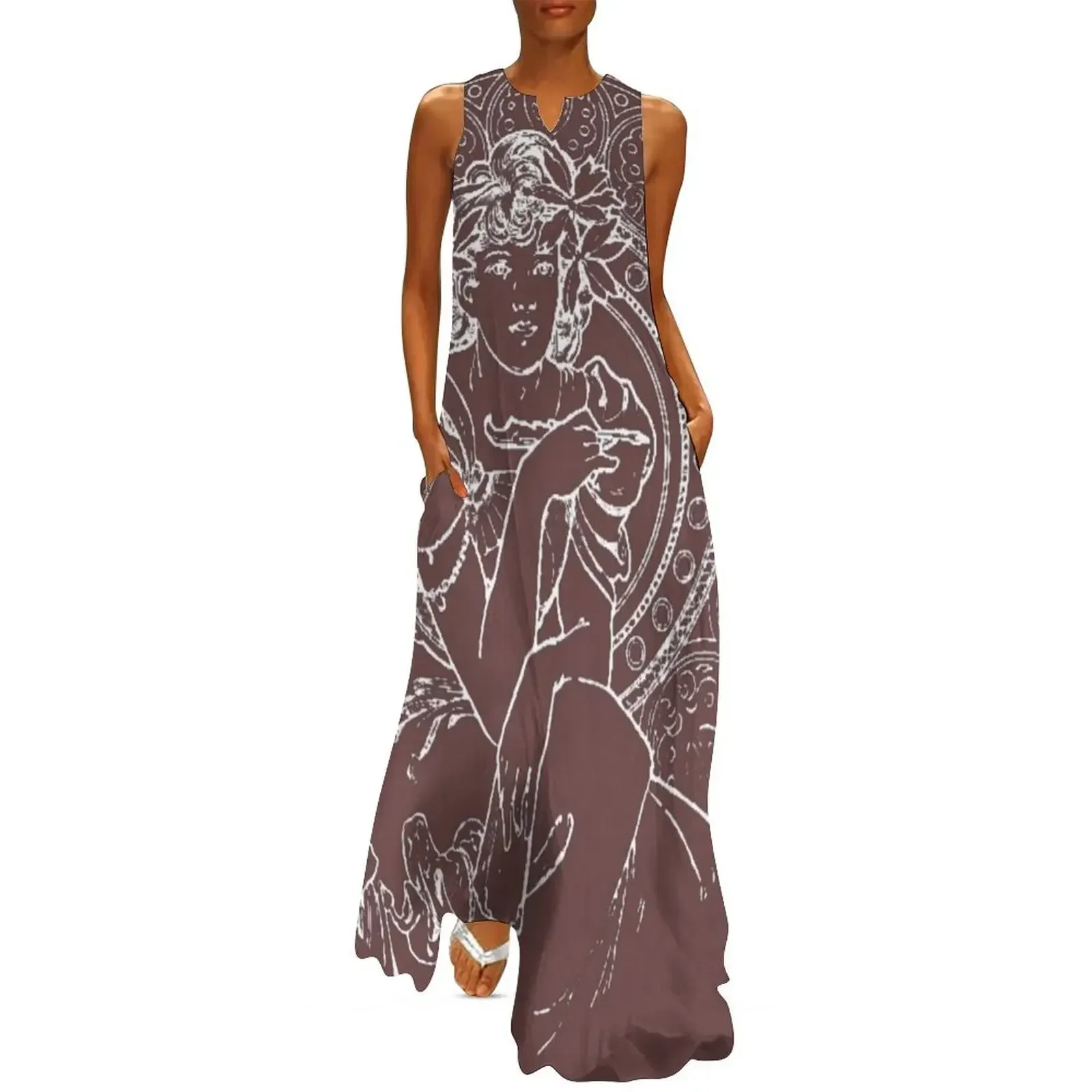 

Alphonse Mucha Art Nouveau Drawing Long Dress women's dresses luxury women clothes elegant chic wedding evening dresses Dress