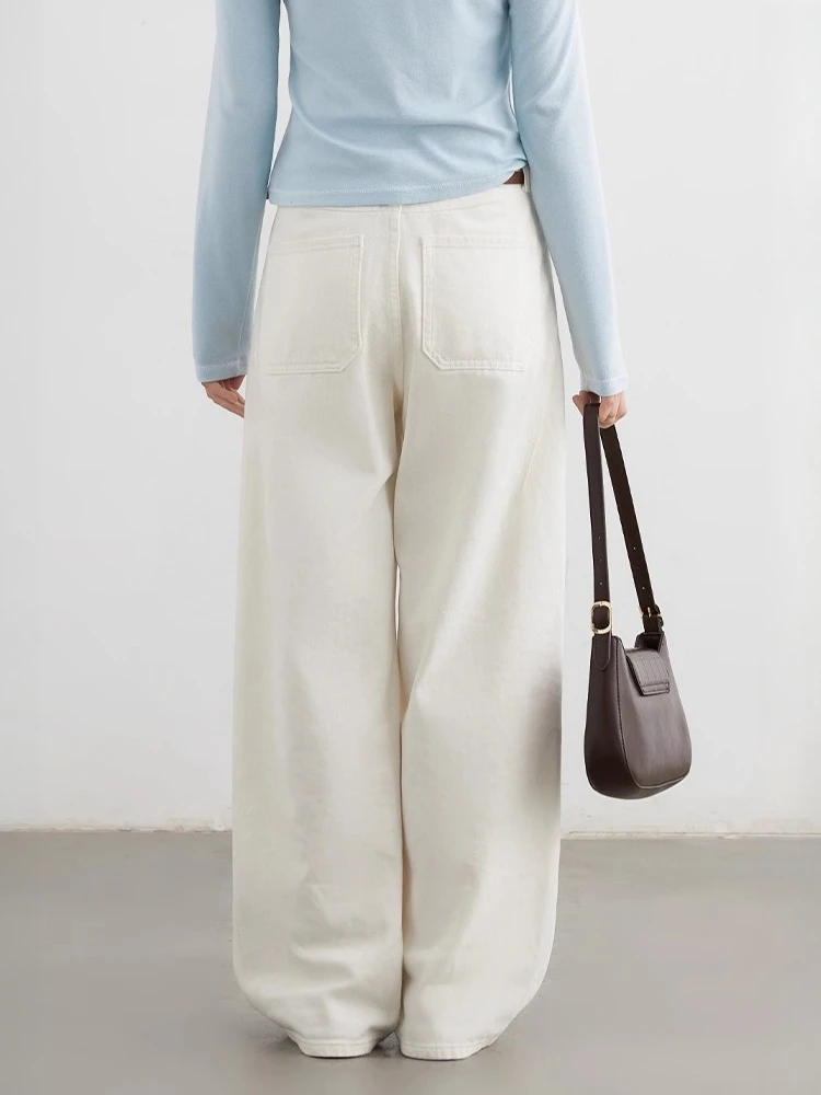 CHIC VEN กางเกงยีนส์ผู้หญิงสีขาววินเทจลำลองขากว้างกางเกงเดนิมกระชับสัดส่วนกางเกงหญิงฤดูใบไม้ร่วงฤดูหนาว 2025