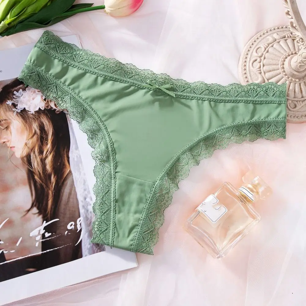 Seamless Ice Silk Panties Cotton Crotch Low Waist Lace Bow Briefs Underpants Female Lingerie Women's Summer Panties Girl
