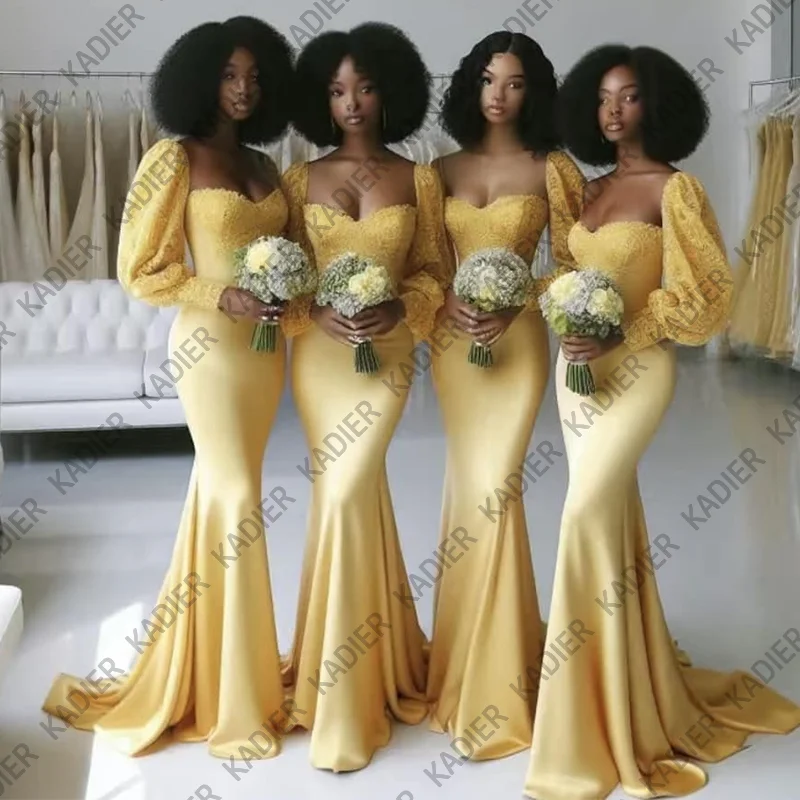 

Custom Made Long Sleeves Mermaid Yellow Afrcian Bridesmaid Dresses Party Dress vestidos de fiestas elegantes mujer