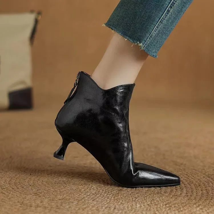 Vintage Spitze Damen Stiefeletten Mode Dickabsatz Schuhe Schlichte Kurze Botas De Mujer – Detail 3