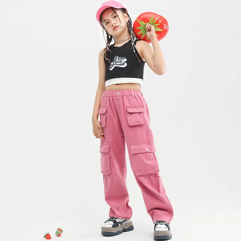 Kid Cool kpop Hip Hop Black Crop Tank Top Pink Casual Street Muliti Flap Pocket Cargo Pants for Girl Jazz Dance Costume Clothes