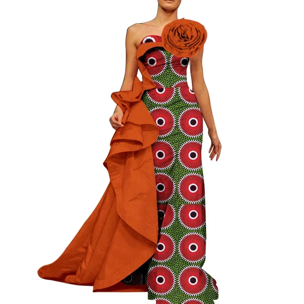 Elegant African Women\'s Dresses Off Shoulder Robe Long Ankara Print Dashiki Dress African Party Clothing WY5849