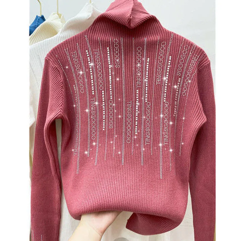 Autumn Winter New Fashion Turtleneck Slim Thick Sweaters Women\'s Clothing Letter Diamonds Spliced Long Sleeve Knitted Jumpers