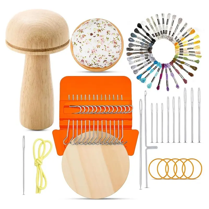 

BYBS-Mini Darning Mushroom With 14 Hooks For Sock Repair Small Speedweave Style Weave Loom 9 Pcs Large Eye Needles