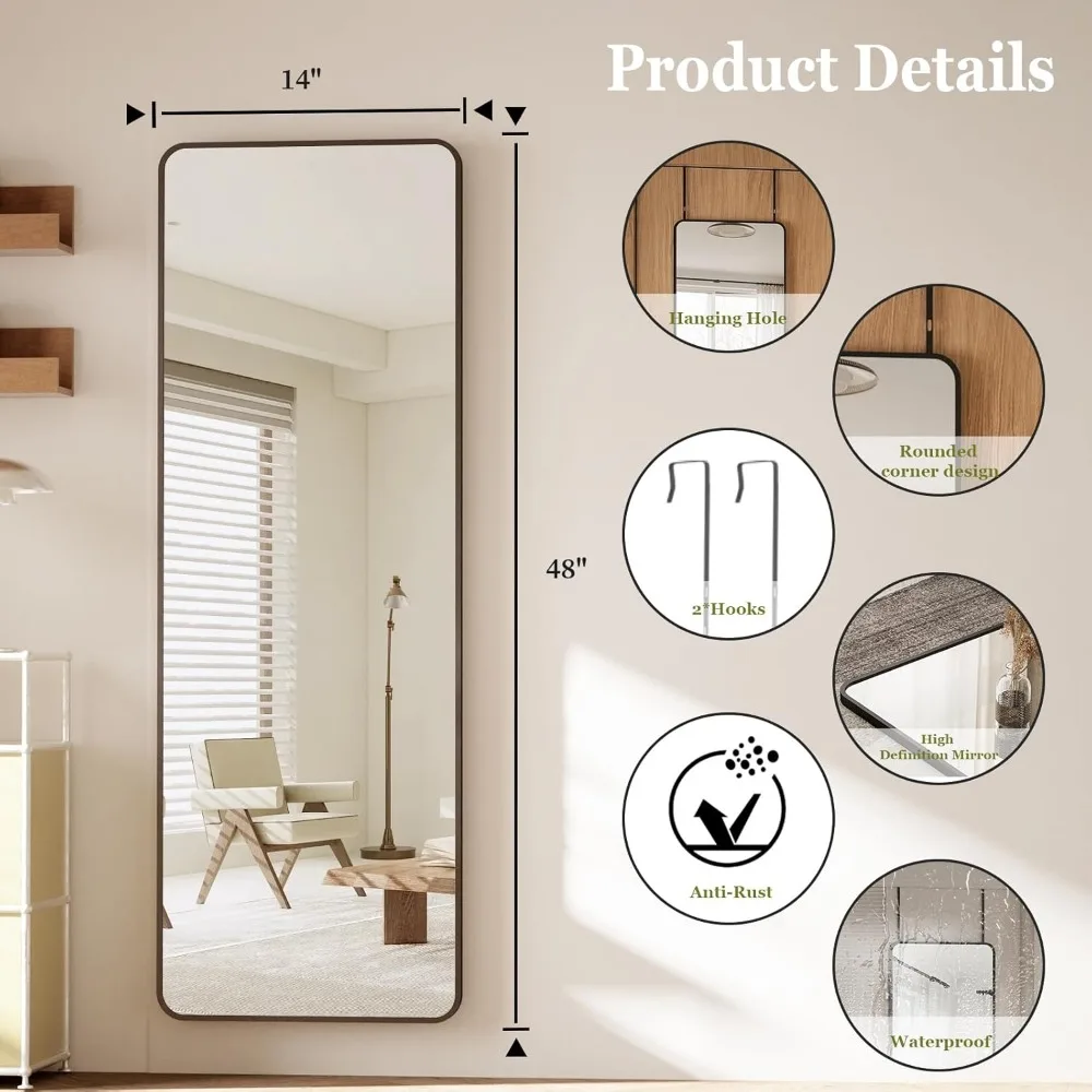 Full-Length Aluminum Framed Door Mirror with Adjustable Hangers for Hanging, Suitable for Home and Gym Use