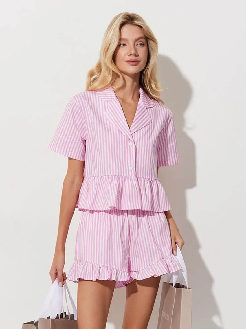 Marthaqiqi Loose Ladies Pajamas Set Sexy Turn-Down Collar Sleepwear Short Sleeve Nightgowns Shorts Female Nightwear 2 Piece Suit