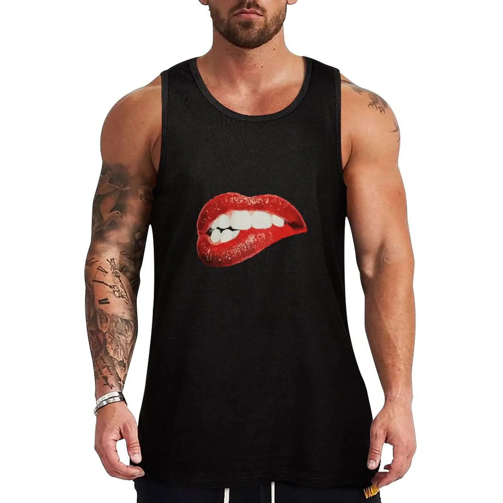 Sexy teen girl lips teeth bite lipstick red mouth Tank Top Men's singlets bodybuilding t shirt gym