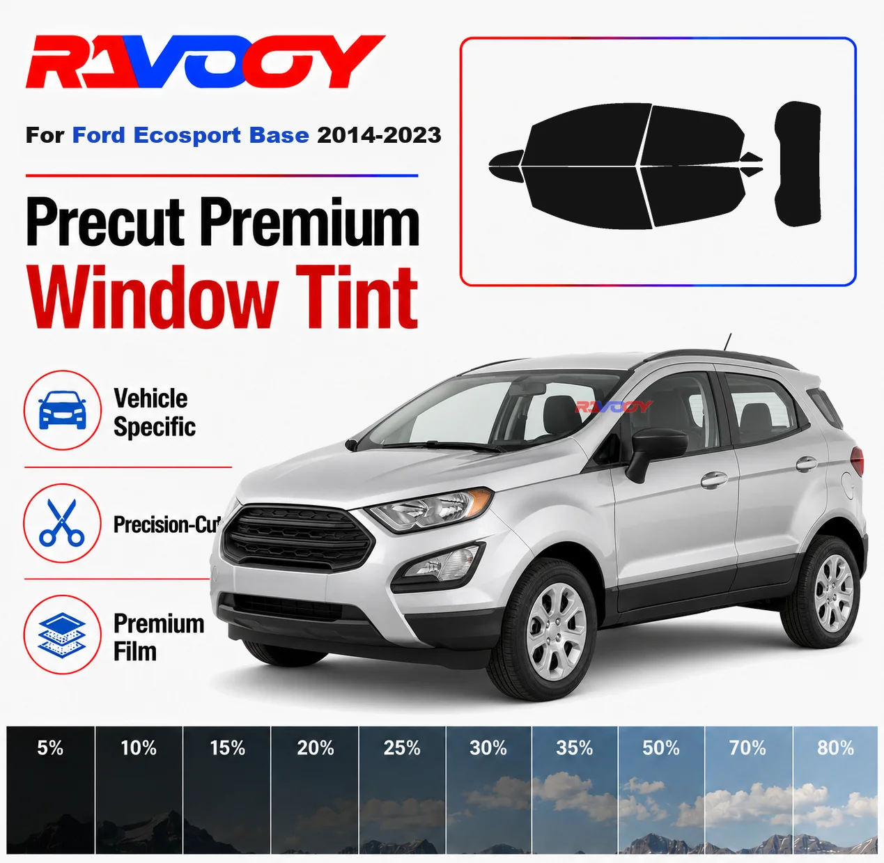 Kit de película protetora para janelas dianteiras e traseiras, para-brisa traseiro, para Ford Ecosport Base 2014-2023, película solar nano cerâmica para carro