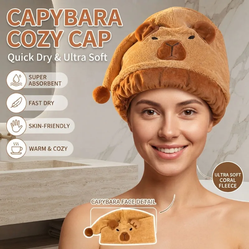 Capybara Hair Drying Cap Fleece Quick Dry Towel Super Absorbent Headband for Bathroom Travel Spa Shower Beauty Salon Use