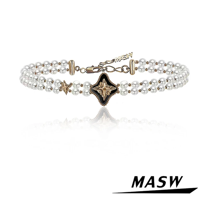 MASW Original Design Fashion Jewelry Senior Sense Two Color Star Simlated Glass Pearl Choker Necklace For Women Girl Gift