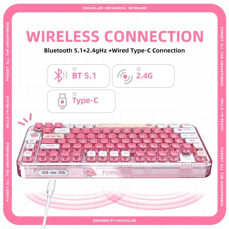 Imagem -02 - Coolkiller Ck75 Hot-swap Bluetooth 2.4g sem Fio Rgb Pêssego Rosa Transparente Rosa Junta Gaming Teclado Mecânico Rgb Backlight