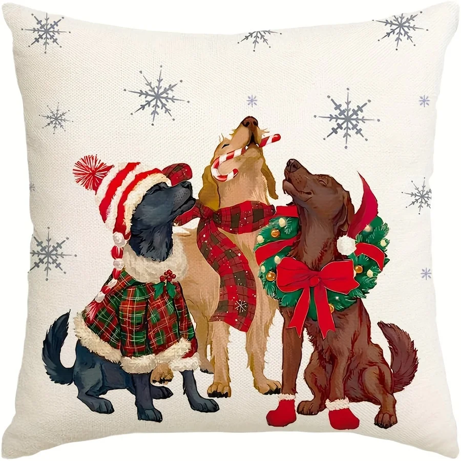 Weihnachtskissenbezug – Hunde in Weihnachtsmützen und -schals |    Innen/Außen für Couch, Wohnzimmer, Veranda, Geschenk für Hundeliebhaber