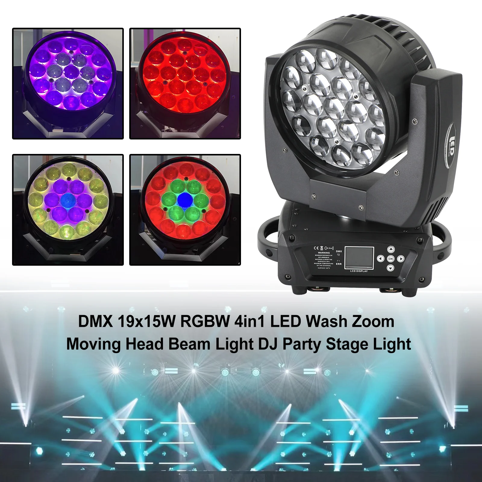 

DMX 19x15W RGBW 4in1 LED Wash Zoom Moving Head Beam Light DJ Party Stage Light