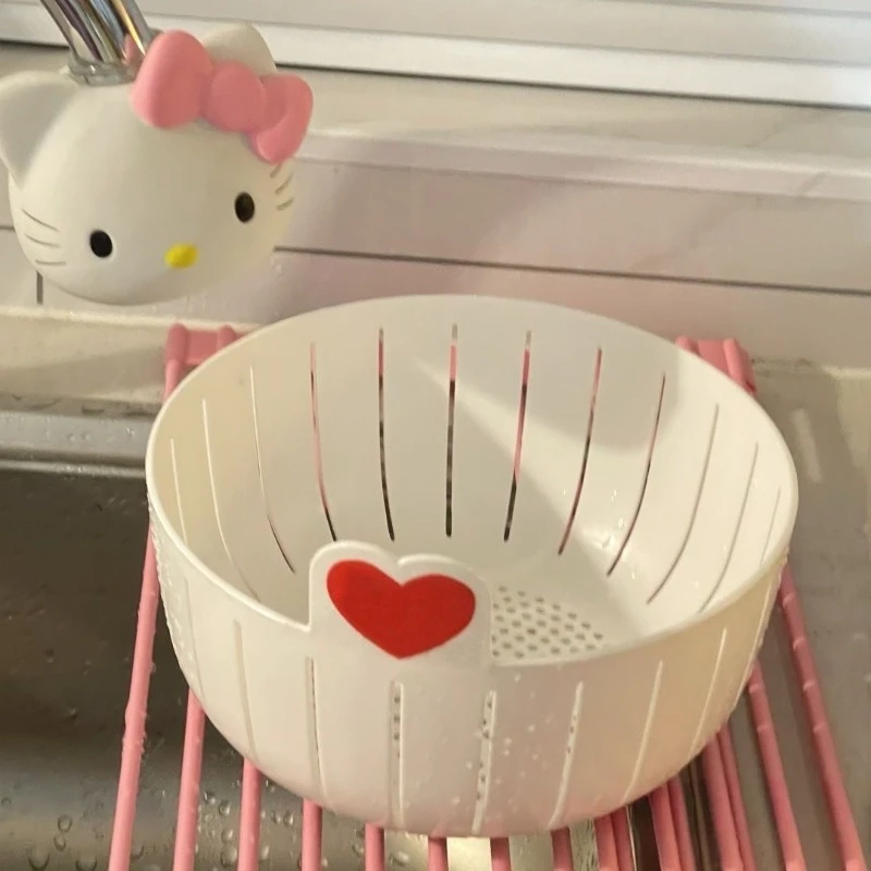 Sanrio New HelloKitty Kawaii Anime Cartoon Fruit Plate Drain Basket Round Kitchen Wash Vegetables Fruit Good Looks Fashion Trend view 4