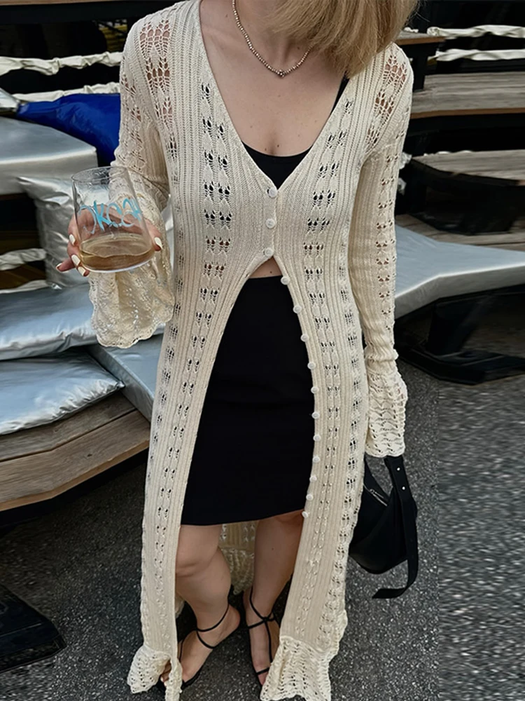 Cardigan lungo lavorato a maglia scava fuori maglione lungo con scollo a V da donna maglione monopetto maxi cappotti 2024 autunno elegante capispalla