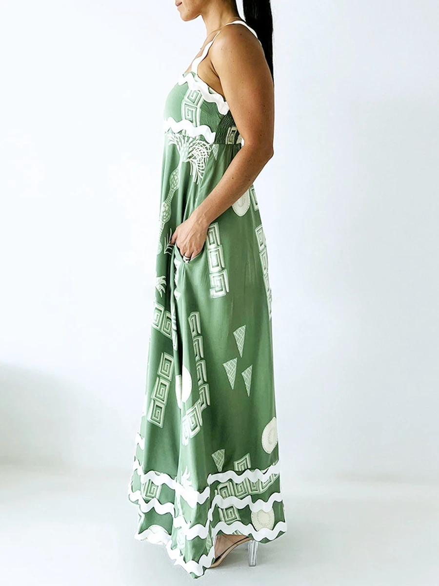 Robe maxi colorée à bretelles spaghetti pour femmes, robe de soleil funky, ligne trapèze mignonne, longue balançoire, camisole décontractée, robe d'été de vacances Boho, été