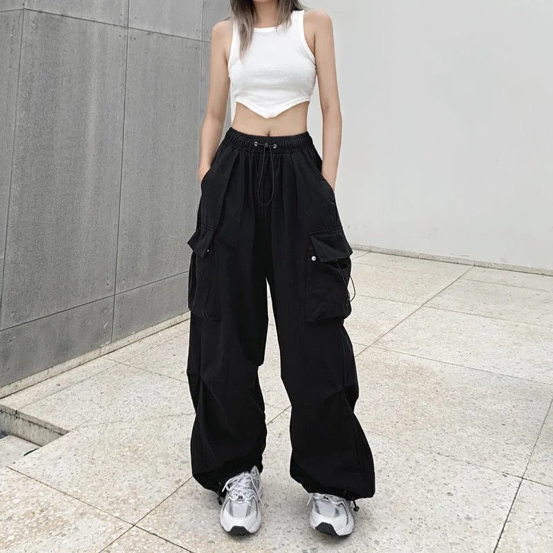 Women Long Cargo Pants autumn Elastic Waist Pocket Baggy Straight Loose Pants Casual Women Korean Trousers