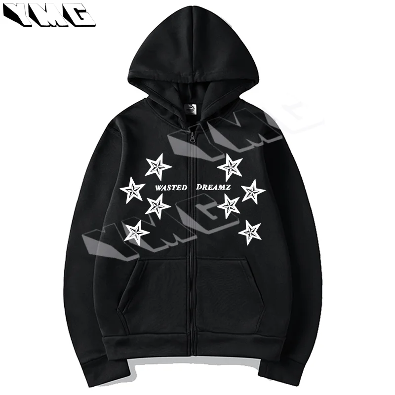 Y2K Thick Zipper Super Large Hoodie Coat Hip Hop Street Wear Women\'s Cotton Sportswear Star Printed Gothic Harajuku Jacket Emo