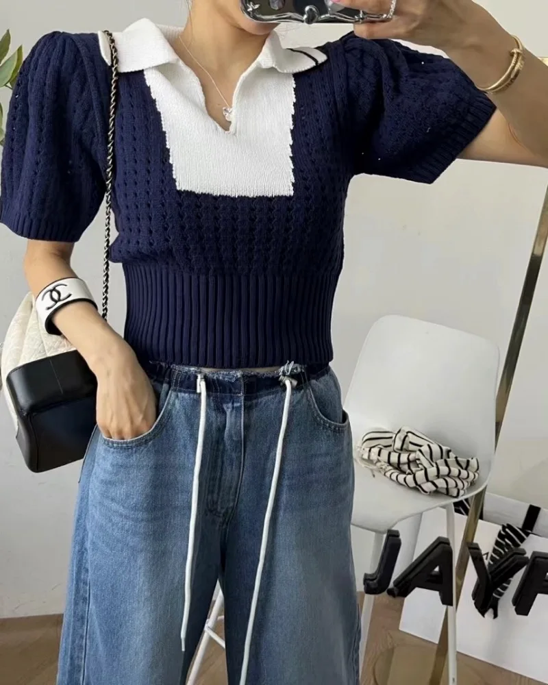 Summer Korean Puff Sleeve Pullover Sweater Women New Fashion High Waist Short Sweaters Vintage Hollow Thin Short Sleeve Knitwear