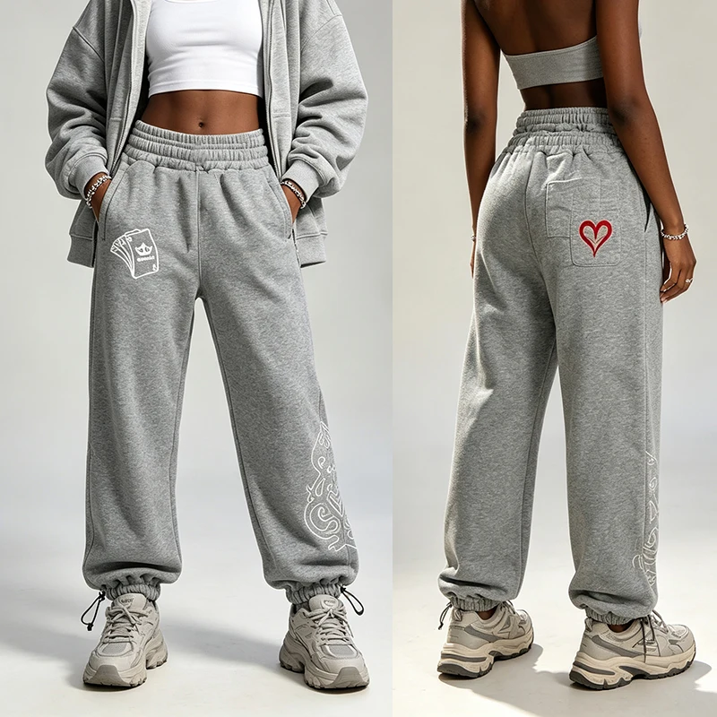 Autumn Women's Double Waist Sports Pants With Poker Card Print Pattern Drawstring Street Wear Loose Casual Pants With Pockets