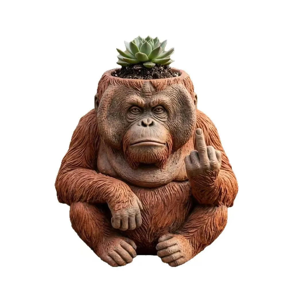 Funny Orangutan Middle Finger Planter, Resin Gorilla Shaped Succulent Pot, Novelty Garden Yard Home Decor