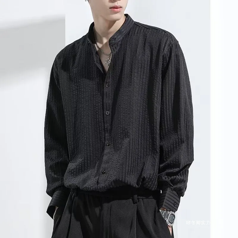

Seersucker Long-sleeved Shirt Men's Spring and Autumn New Black Stand-up Collar Shirt Men's Loose Casual Top