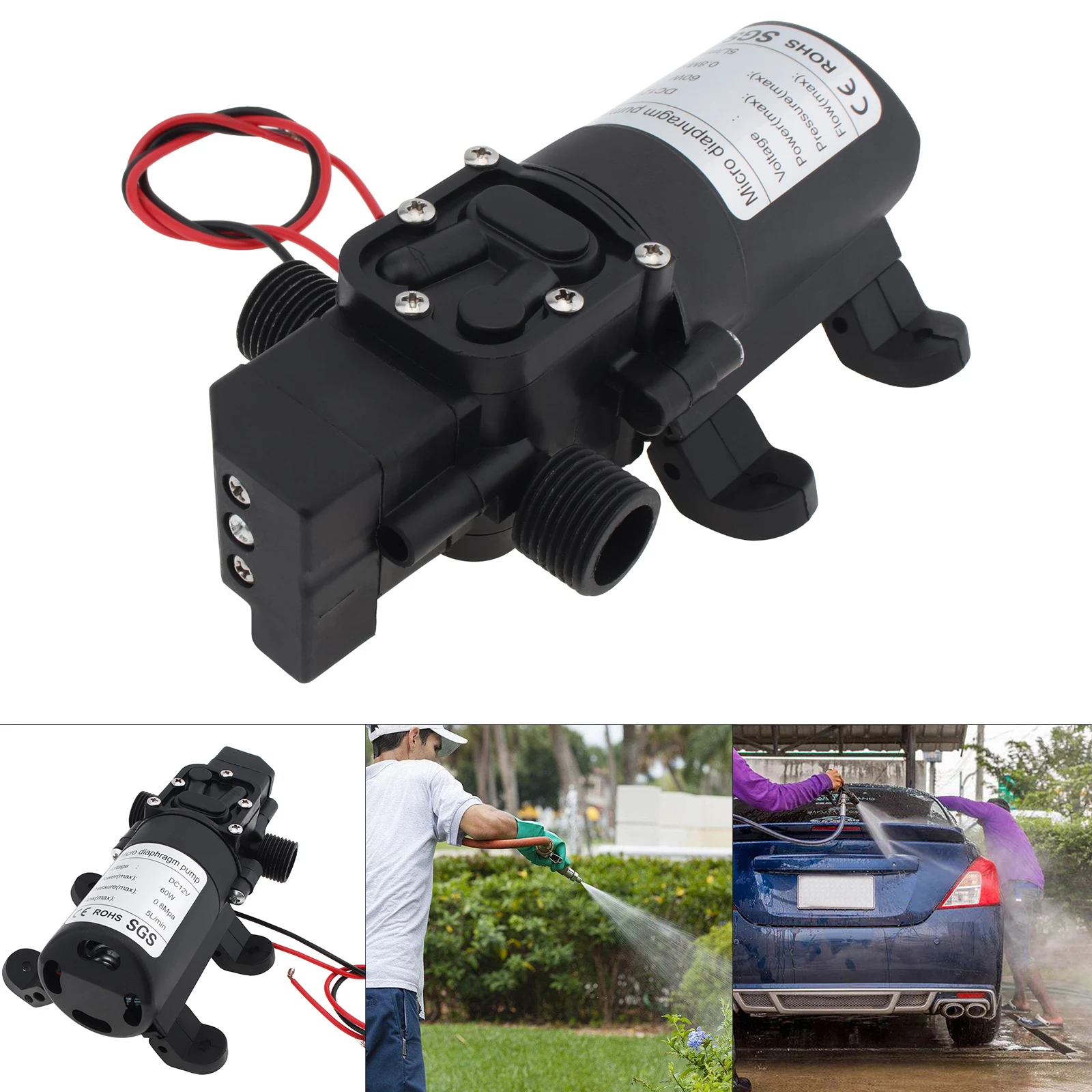 12V 60W/80W 5L/min 5.5L/m Self Suction DC Intelligent Mini Diaphragm High Pressure Electric Car Wash Pump for Car / Home /Garden