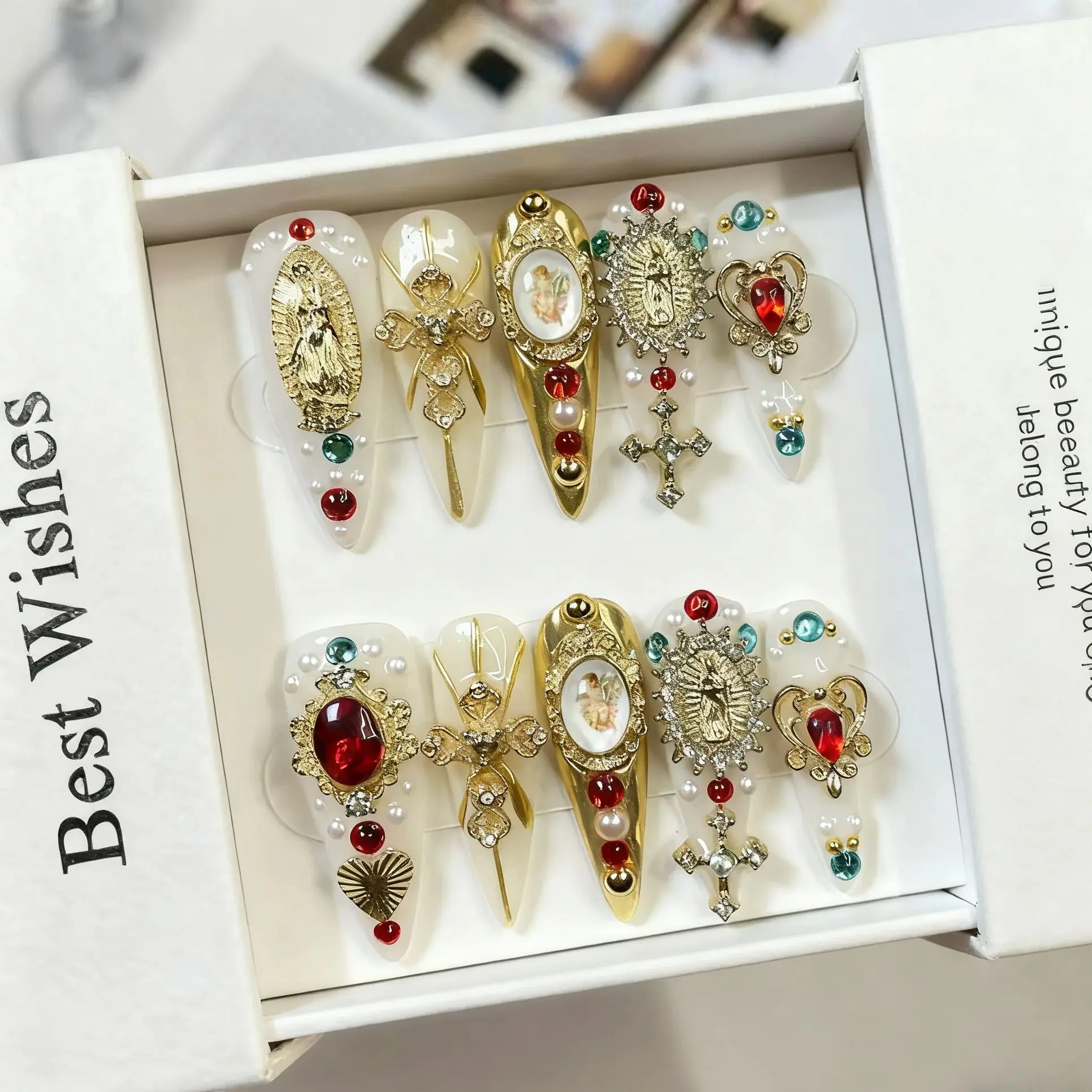 

10PCS Vintage Aurora Press on Nails Metal Cat Eye Fake Nails 3D Luxury Handmade False Nails Long Stiletto Nail for Y2K Girls