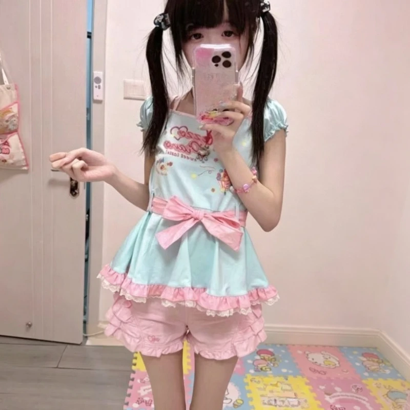 Japanese Lolita Kawaii Top Cartoon Graphic Lace Trim Women Harajuku Style T-shirt Casual Outfit For Spring Summer Daily Dressing