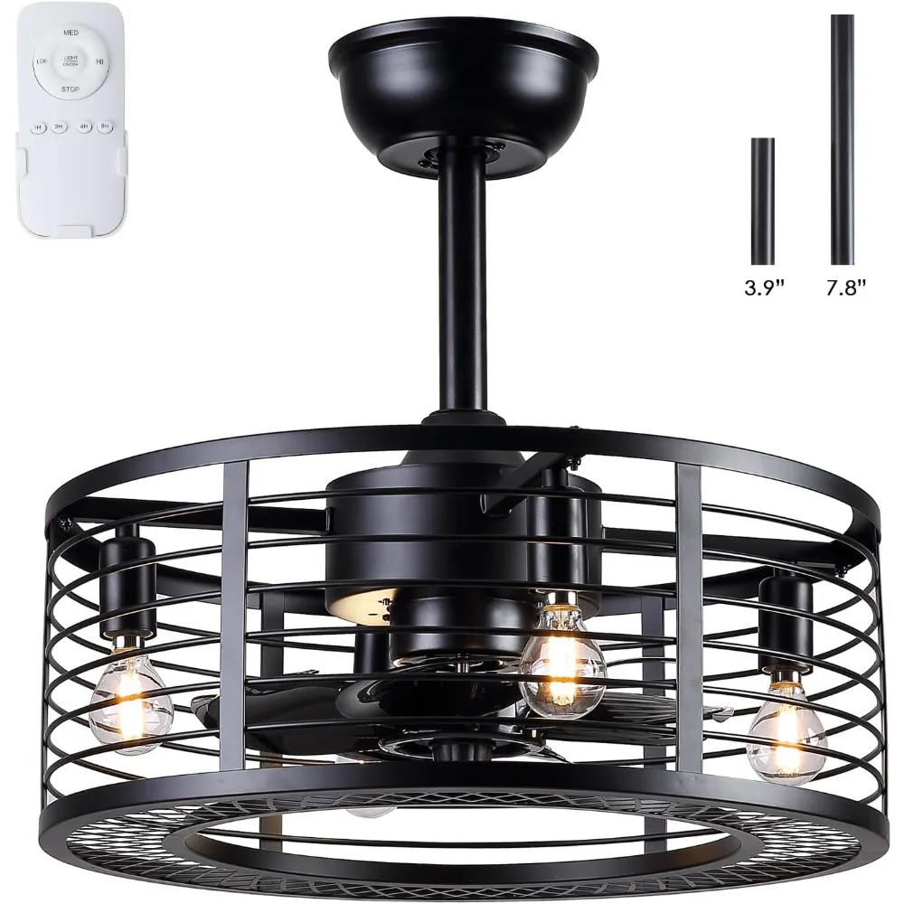 

Black Caged Ceiling Fans with Lights, Indoor Outdoor Fandeliers Ceiling Fan with Remote, Modern Industrial Small Enclosed