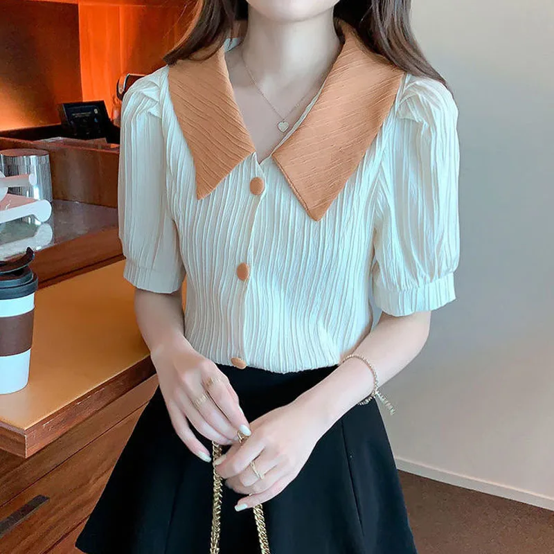 Fashion Contrasting Colors Sweet Puff Sleeve Shirt Summer Women\'s Clothing Peter Pan Collar Chiffon Button Blouses Young Style
