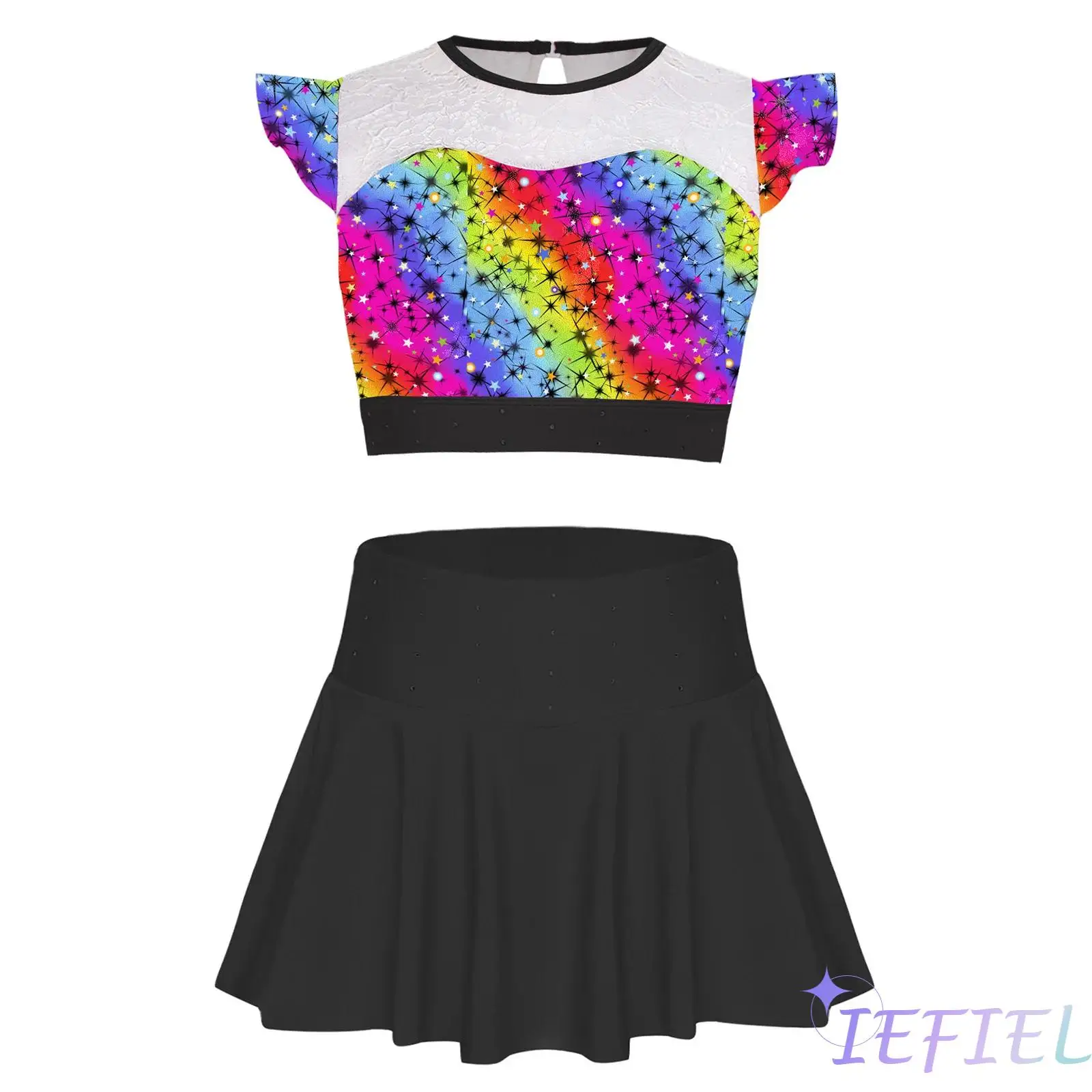 2 個女の子チアリーディングユニフォーム体操ベリーダンスパフォーマンス衣装中空レーススポーツトップ + 光沢のあるダイヤモンドスカートショーツセット