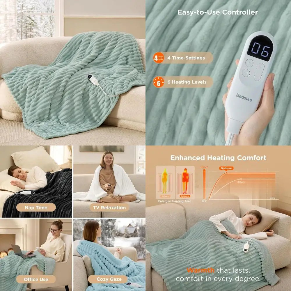 

Thick Striped Flannel Electric Blanket with 4 Timers, 6 Heat Levels, and 3-Hour Auto-Off for Grandma - 50x60 inches Green