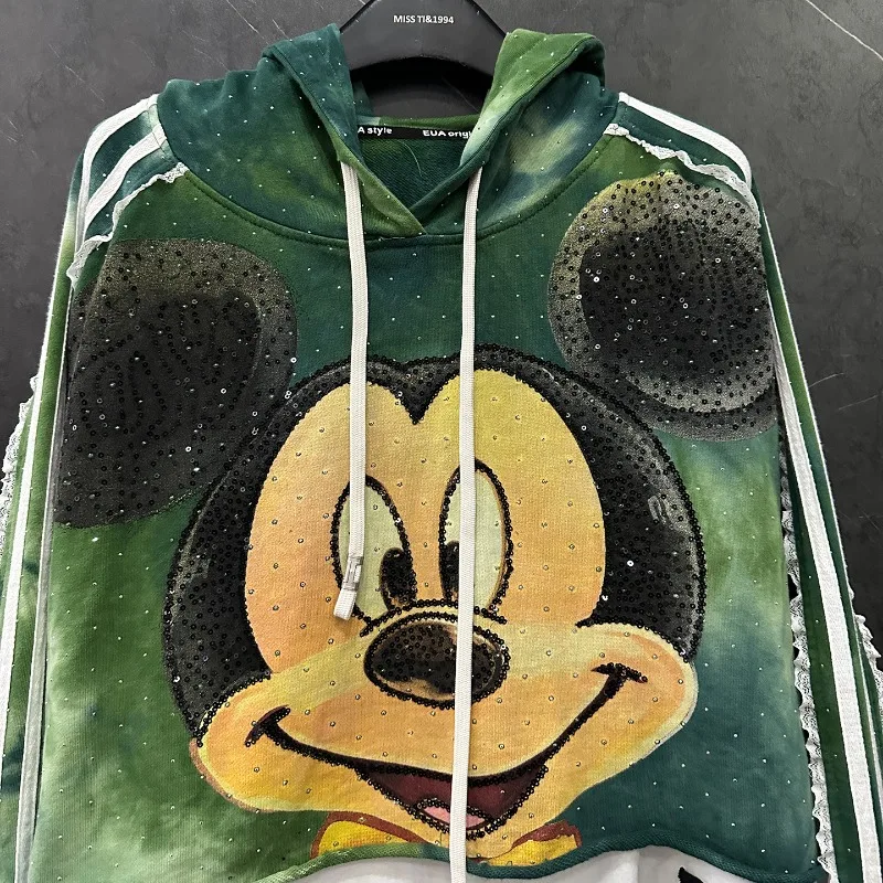 Autumn New Heavy Industry New Style Distressed Fake Two-Piece Cartoon Top Hoodies For Women's Loose Casual Versatile Top Jacket