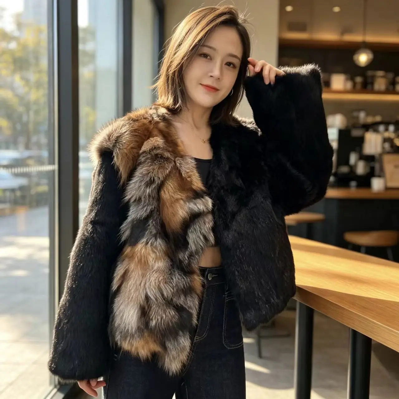 Real Rex Rabbit Fur Coat Women Autumn Winter Spliced Fox Fur Jacket Thick Warm New Elegant Female Warm Outerwear