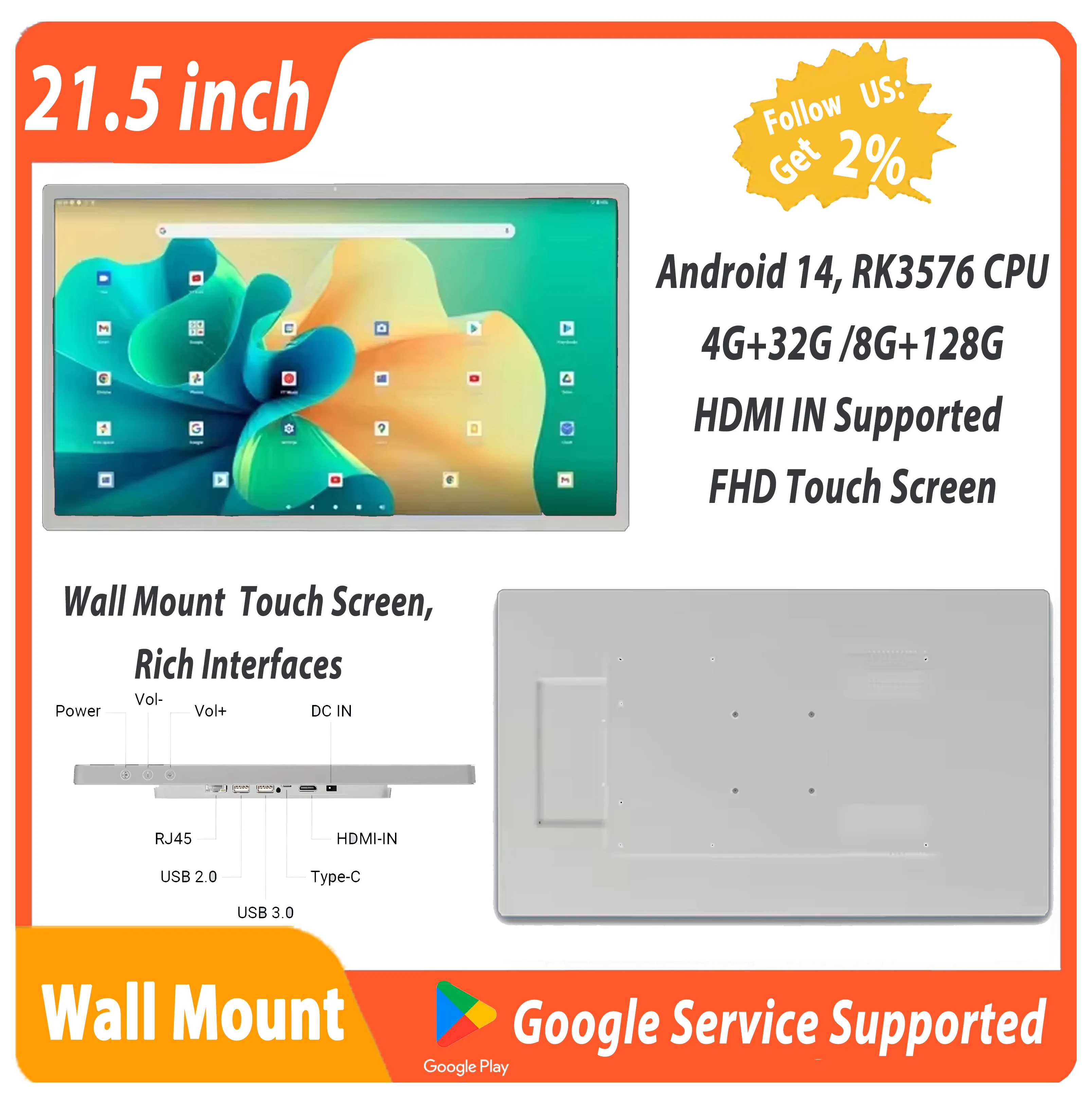 21.5' RK3576 8-Core CPU Android 14 Tablet Wall Mountable RJ45 POE HDMI Input Touch Screen FHD Smart Home Controller