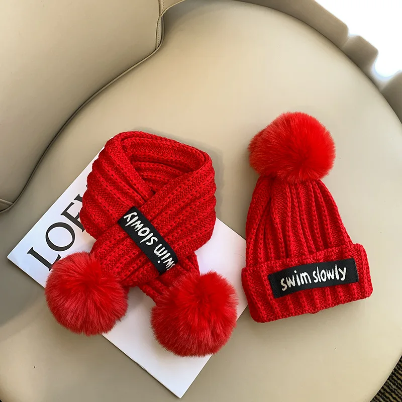 Fashion Hat and Scarf Sets Children Chimney Boys Thick Knitted Beanie Shawl Kids Solid Color Keep Warm In Winter Girls Stylish
